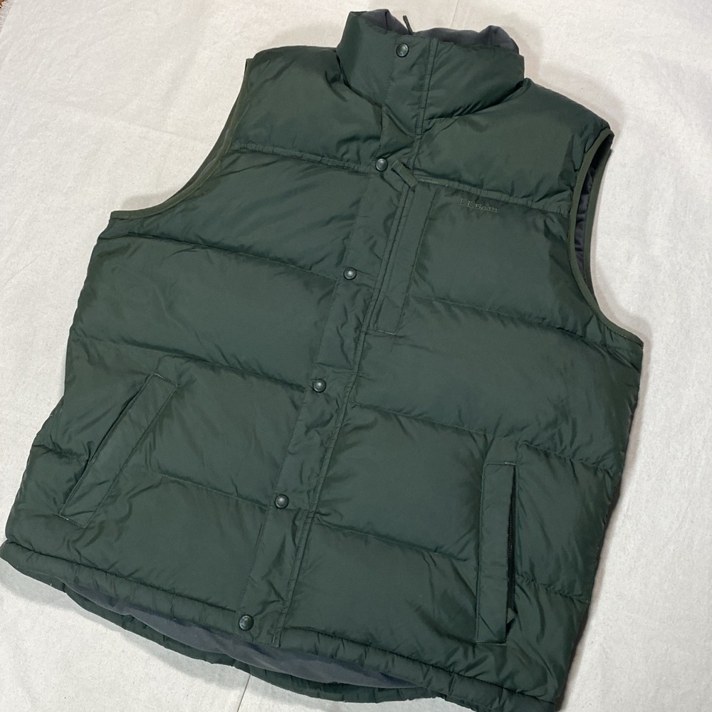 LL Bean Goose Down Puffer Vest Jacket Mens 2XL Green Reversible Full Zip